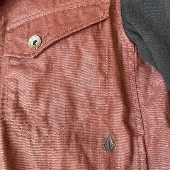 Volcom Mixing Media Hooded Jacket Men Size M Burgundy Black Bikercore Skater - Picture 6 of 12